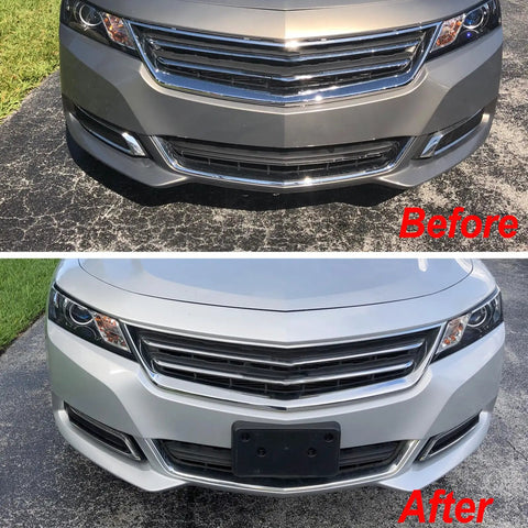 Before and after installation of Chevrolet Impala Front Bumper License Plate Frame Bracket Holder Replacement Fits 2014-2020