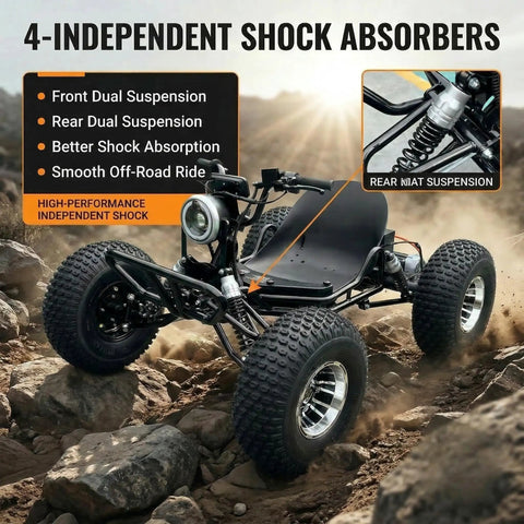 Electric Off Road Go Kart with 4 independent shock absorbers for teens and adults, peak 4000W, 31 MPH, aluminum rims, black color.