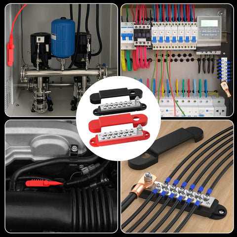 12V 150A Marine Power Distribution Block With One Quarter Inch Stud And M4 Terminal Screws Beefy Heavy Duty DC Battery Bus Bar For Boat Automotive And Solar Wiring, shown with wired terminals