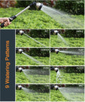 Heavy Duty Metal Garden Hose Wand With 16 Inch Sprayer, 9 Watering Patterns, showing various spray modes on greenery