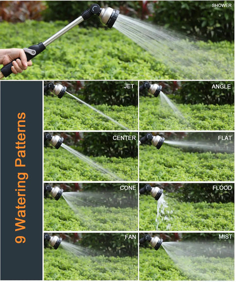 Heavy Duty Metal Garden Hose Wand With 16 Inch Sprayer, 9 Watering Patterns, showing various spray modes on greenery