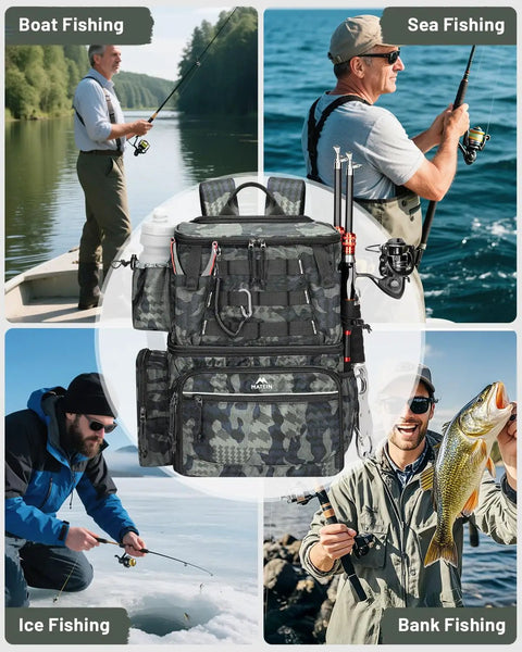 Fishing Backpack With 4 Tackle Boxes, Rod Holder, Insulated Cooler Compartment, Water Resistant Gear Bag For Anglers