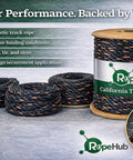 Heavy Duty Truck Rope For Cargo Securement And Tie Downs With Twisted 3 Strand Polypropylene Black With Orange Tracer 3/8 To 3/4 Inch 10 To 600 Feet Built For Trailers And Hauling shown on a spool and coils