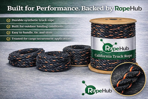 Heavy Duty Truck Rope For Cargo Securement And Tie Downs With Twisted 3 Strand Polypropylene Black With Orange Tracer 3/8 To 3/4 Inch 10 To 600 Feet Built For Trailers And Hauling shown on a spool and coils