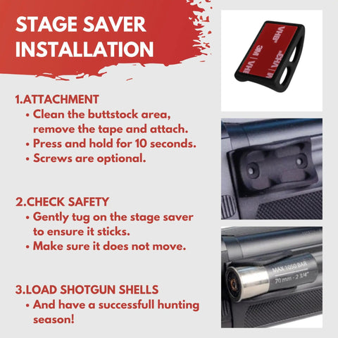 Installation guide for 12 Gauge Shotgun Shell Holder with 3M Tape showing attachment steps and secure mounting on a shotgun.