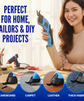 Powerful Heavy Duty Cordless Electric Scissors For Cardboard And Box Cutting With Safety Lock Rechargeable Cutter Kit Includes Two Extra Blades Protective Case Charging Cable And Manual, blue handle in home DIY use