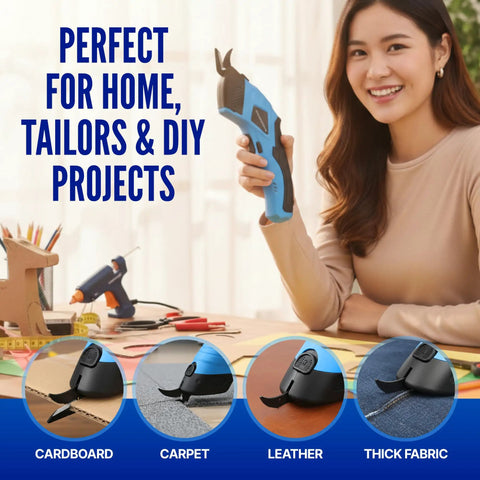 Powerful Heavy Duty Cordless Electric Scissors For Cardboard And Box Cutting With Safety Lock Rechargeable Cutter Kit Includes Two Extra Blades Protective Case Charging Cable And Manual, blue handle in home DIY use