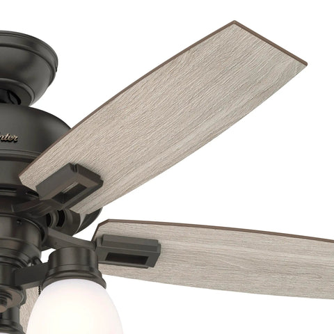 Close-up of Donegan 44 Inch Ceiling Fan in Noble Bronze Finish with Dope Rustic Designer Series Look showing blades and light kit.
