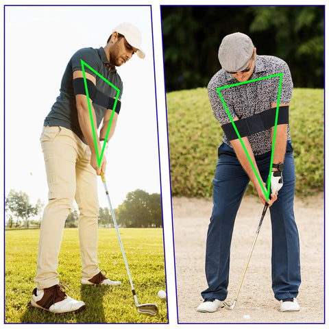 Two Pack Elastic Golf Swing Trainer Band for Beginners, golfers practicing with black elastic bands to improve swing posture.