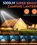 Lit 12000mAh Camping Lights 2 Pack With 42W Rechargeable Tent Lanterns illuminating a tent at night, showing four lighting modes.