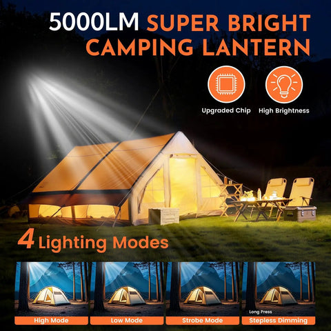 Lit 12000mAh Camping Lights 2 Pack With 42W Rechargeable Tent Lanterns illuminating a tent at night, showing four lighting modes.