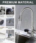 DEOLER Kitchen Faucets with Glass Rinser Single Handle High Arc Kitchen Sink Faucet with Pull Out Sprayer showing brushed nickel finish and features.