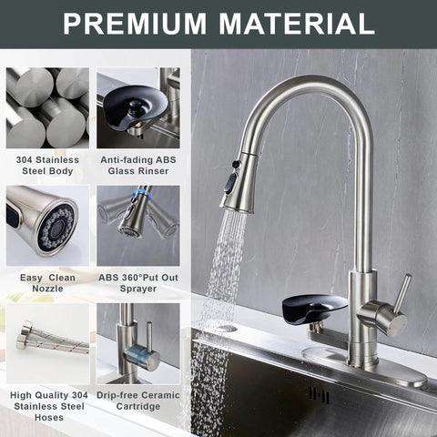 DEOLER Kitchen Faucets with Glass Rinser Single Handle High Arc Kitchen Sink Faucet with Pull Out Sprayer showing brushed nickel finish and features.