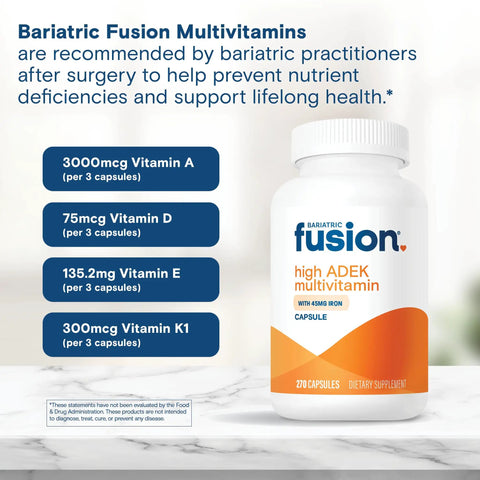High ADEK Bariatric Multivitamin With Iron For Duodenal Switch Patients, No Fuss Easy To Swallow Capsule, 270 Caps, 3 Month Supply, ASMBS Approved Nutrition Support For Better Absorption And Daily Maintenance on bottle