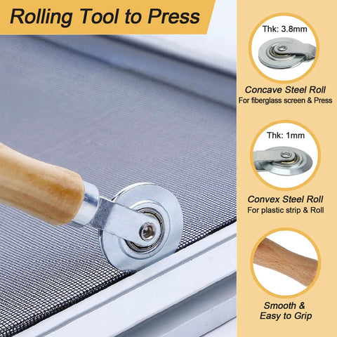Close-up of wooden-handled roller in Ultimate DIY Window Screen Repair Kit 14Pcs Set With Spline Tools on a screen frame