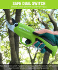 Cordless Electric Pruning Shears 7.2V Battery Powered Pruner in hand showing safe dual switch feature, green handle.