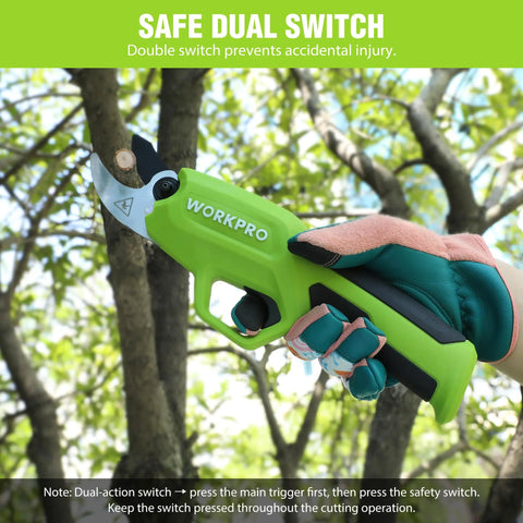 Cordless Electric Pruning Shears 7.2V Battery Powered Pruner in hand showing safe dual switch feature, green handle.