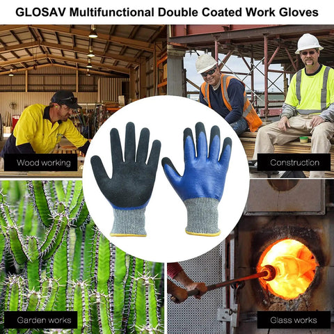 Heavy Duty Nitrile Gardening Gloves For Men Double Coated Work Gloves With Level 5 HPPE Cut Resistance shown in various work environments