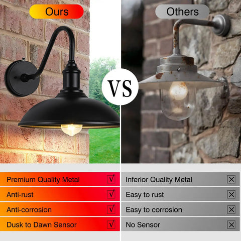 Comparison of dusk to dawn exterior barn light with gooseneck design for farmhouse homes outdoor lighting and a rusted fixture.