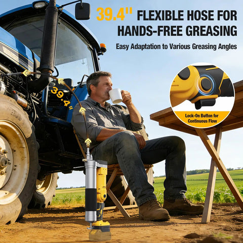 Man using 2-In-1 Cordless Grease Gun For 20V Max Batteries, 12000 PSI Electric Grease Gun Kit With Lock-On Trigger on a tractor