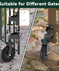 Tough As Nails Eight Inch Gate Wheels With Spring Suspension For Fence And Yard Doors heavy duty swivel rollers attached to different gates.