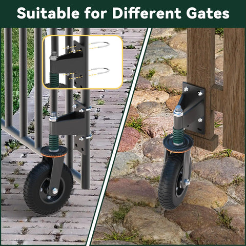 Tough As Nails Eight Inch Gate Wheels With Spring Suspension For Fence And Yard Doors heavy duty swivel rollers attached to different gates.
