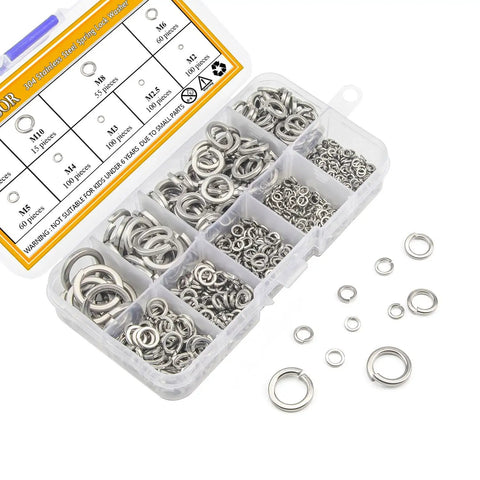 Roughneck 304 Stainless Steel Spring Lock Washer Assortment Kit with 600 heavy duty split washers in assorted sizes M2 to M12.