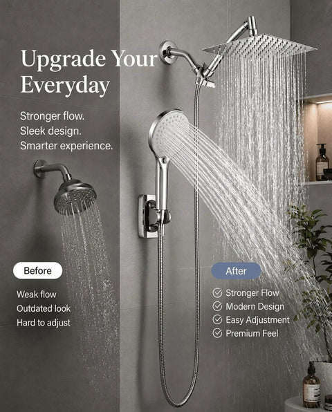 Heavy Duty Ten Inch Square Rainfall Shower Head With Slick Handheld Combo Pumping Out Kickin High Pressure Flow In A Rust Proof Stainless Frame For A Straight Up Luxe Bathroom Upgrade