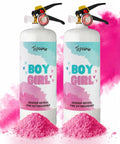 Epic Gender Reveal Fire Extinguisher Kit Featuring Biodegradable Pink And Blue Cornstarch Powder For Massive Baby Shower Blowouts, two fire extinguishers with pink powder.