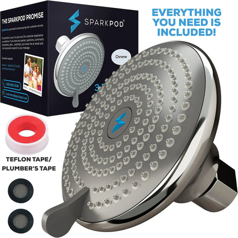 High-Pressure 3-Function Rain Shower Head With Luxury Modern Look Three Point Seven Five Inch Wide Angle Rainfall For Full Body Coverage Powerful Massage And Relaxing Massage Tool-Free One Minute Installation In Polished Chrome Finish with box and accessories