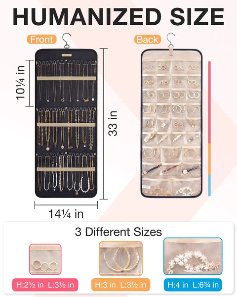 Premium Hanging Jewelry Organizer Roll With Durable Wave Shaped Hooks Holds Forty Two Chains Earrings And Rings For Quick Travel Access Black Gonna Keep Your Bling Completely Locked Down