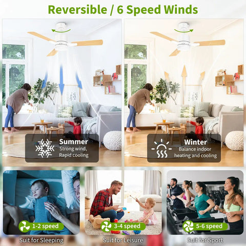 Image showing reversible 42 Inch Ceiling Fan With Light And Remote Control, illustrating use across seasons and activities.