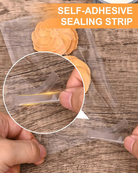 Close-up of 300 Pack Self Adhesive Cookie Bags 4x6 Inch Clear Cellophane Bags With Easy Seal Resealable Packaging for treats.