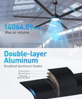 Heavy Duty 100 Inch Outdoor Ceiling Fan With Light Double Layer Six Black Aluminum Blades showing 14064.09 CFM airflow in a modern setting.