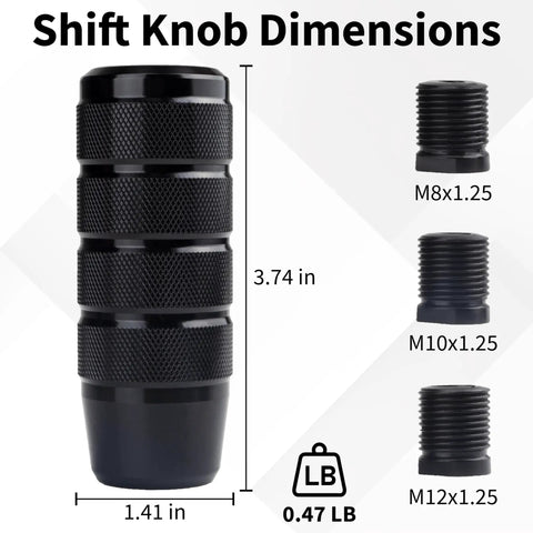 Aluminum Car Shifter Knob With 3 Threaded Adapters M8 M10 M12 1.25 Pitch 3.74 Inch Black Gear Shift Knob dimensions