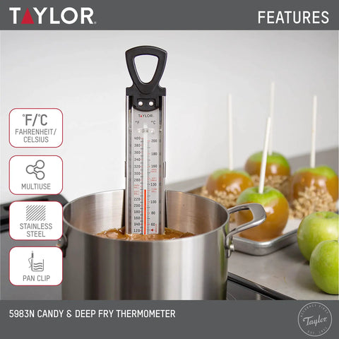 Stainless Steel Candy And Deep Fry Thermometer With 12 Inch Analog Paddle And Pan Clip in pot for monitoring sugar syrup