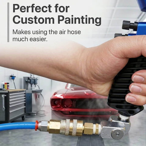 Person using Air Compressor Swivel Connector Kit With 360 Degree Quick Connect Fittings for custom painting in a workshop.