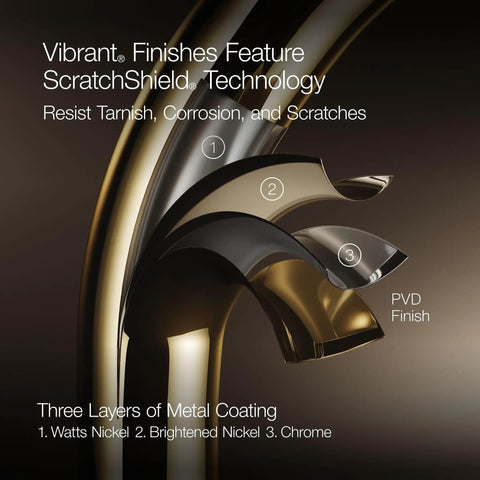 Close-up of vibrant finishes featuring ScratchShield technology for Top Shelf Pull Down Kitchen Sink Faucet With Smooth Glide Retractable Hose And Dual Function Sweep Sprayhead Built Tough For Lightning Fast Cleanup In Classic Vibrant Stainless Finish.