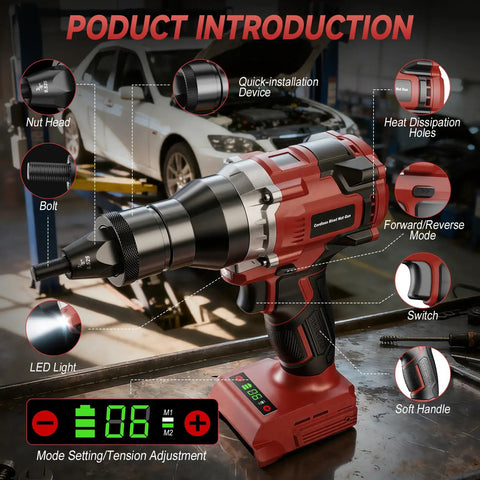 Cordless Rivet Nut Gun For Milwaukee 18V Power, No Battery Included, Brushless Electric Tool with features labeled