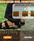 Person using Spring Base Lawn Aerator Shoes with Dual Layer Spiked Bottom and Adjustable Straps on grass.