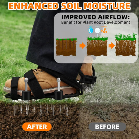 Person using Spring Base Lawn Aerator Shoes with Dual Layer Spiked Bottom and Adjustable Straps on grass.