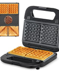 Reemix 3-In-1 Waffle Grill And Sandwich Maker Panini Press With 750W Power showing waffle and sandwich grill plates.