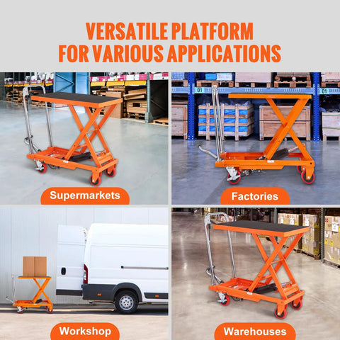 Heavy Duty Hydraulic Lift Table Cart With 500 Pound Capacity And 28.5 Inch Max Rise in supermarkets and warehouses.