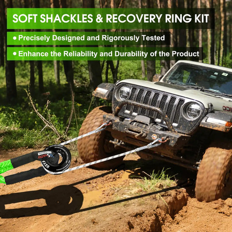 Soft Shackle and Recovery Ring Kit with 56000 LBS Winch Accessories for Off Roading Includes Two One Half Inch By Twenty Two Inch Soft Shackles Snatch Block Pulley And Storage Bag For SUVs Trucks Trailers Boats And More, off-road recovery setup