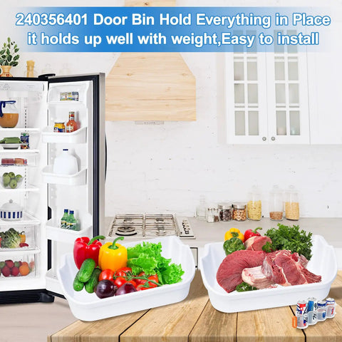 2 Pack Upgraded 240356401 Refrigerator Door Bin For Fridge Door Shelf Replacement with food items displayed in kitchen