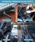 Black Pop Rivets Kit With 280Pcs Aluminum Blind Rivets Set Includes Thirteen Sizes for roof gutters, automobiles, and DIY projects.