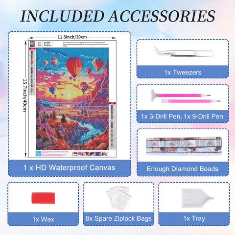 Hot Air Balloon Diamond Painting Kit For Beginners, 5D Sunset Landscape With Mountains And Lake, accessories and canvas