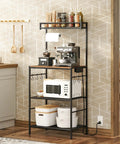 Rustic Brown And Black Bakers Rack With Storage And Microwave Stand, Paper Holder, Power Outlet, Coffee Bar Station