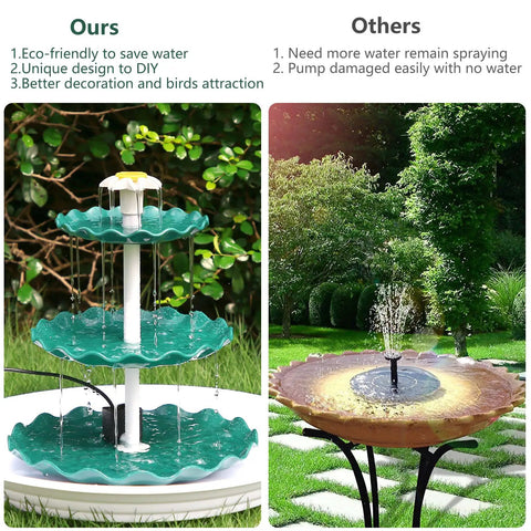 Comparison of Solar Powered 3.5W Fountain Pump With 3 Tier Bird Bath DIY Water Feature For Garden Fish Tank And Outdoor Bird Feeder Detachable Design Easy To Install And Clean next to a competing product with issues highlighted.