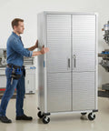 Heavy-Duty Metal Storage Cabinet With Four Shelves And Locking Doors Mobile Rolling Design For Garage Warehouse And Studio Stainless Steel Tool Organizer With Adjustable Feet And Built To Last Rugged Wheels, 36W x 18D x 72H in, in workshop